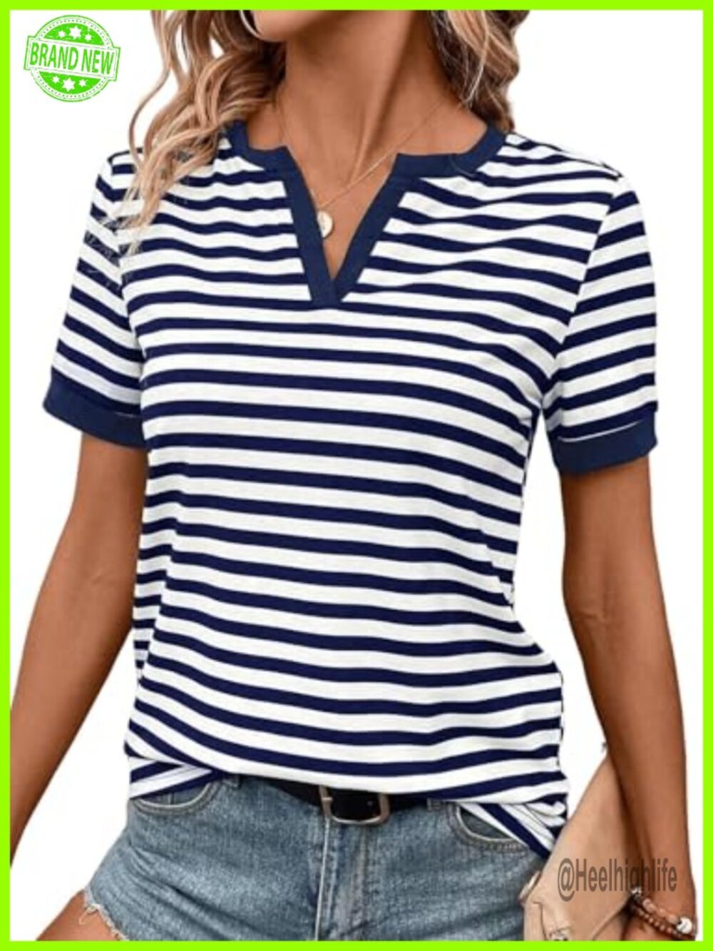 Striped V Neck Short Sleeve T Shirt Cotton Elastane Casual Top